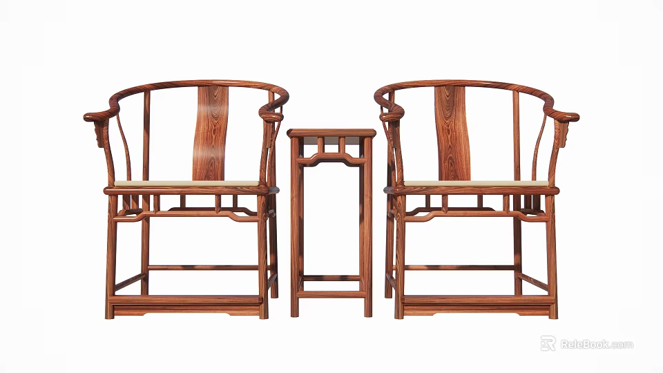 Traditional Wooden Leisure Chairs With Curved Backrest Armrests And Matching Side Table 3d model 