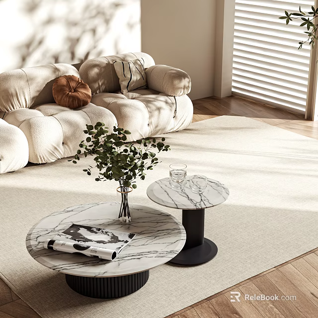 Marble Coffee Tables with Green Plant Glass Cup and Magazine in Cozy Living Room 3d model 