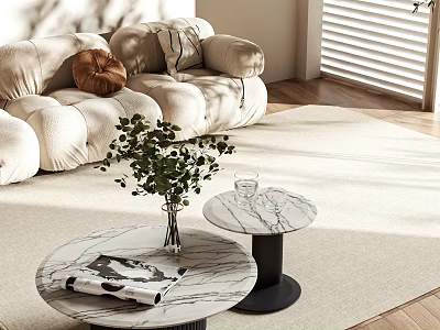 Marble Coffee Tables with Green Plant Glass Cup and Magazine in Cozy Living Room 3d model