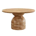 Natural Wooden Dining Table With Round Tabletop And Block Patterned Base 3d model