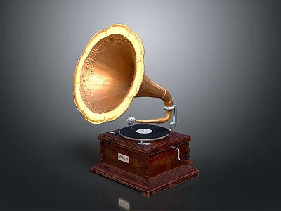Classic Vintage Gramophone Featuring Brass Horn Wooden Base And Black Turntable 3d model