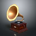Classic Vintage Gramophone Featuring Brass Horn Wooden Base And Black Turntable