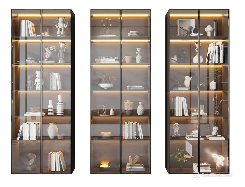 Modern Decorative Cabinets With Glass Doors Books Vases Sculptures And Warm Lighting For Home 3d model 