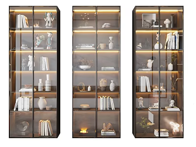 Modern Decorative Cabinets With Glass Doors Books Vases Sculptures And Warm Lighting For Home 3d model