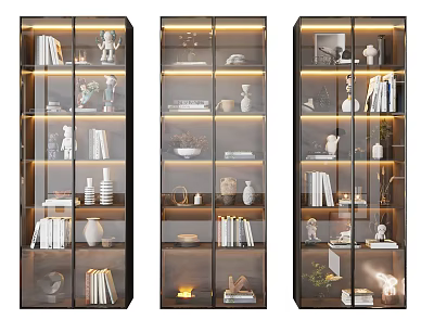 Modern Decorative Cabinets With Glass Doors Books Vases Sculptures And Warm Lighting For Home 3d model