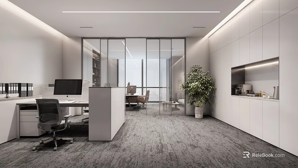Modern Office Interior With Glass Partitions Office Desk Computer Green Plant And Gray Carpet 3d model 