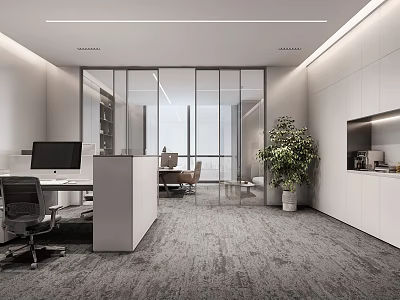 Modern Office Interior With Glass Partitions Office Desk Computer Green Plant And Gray Carpet 3d model