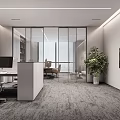 Modern Office Interior With Glass Partitions Office Desk Computer Green Plant And Gray Carpet 3d model