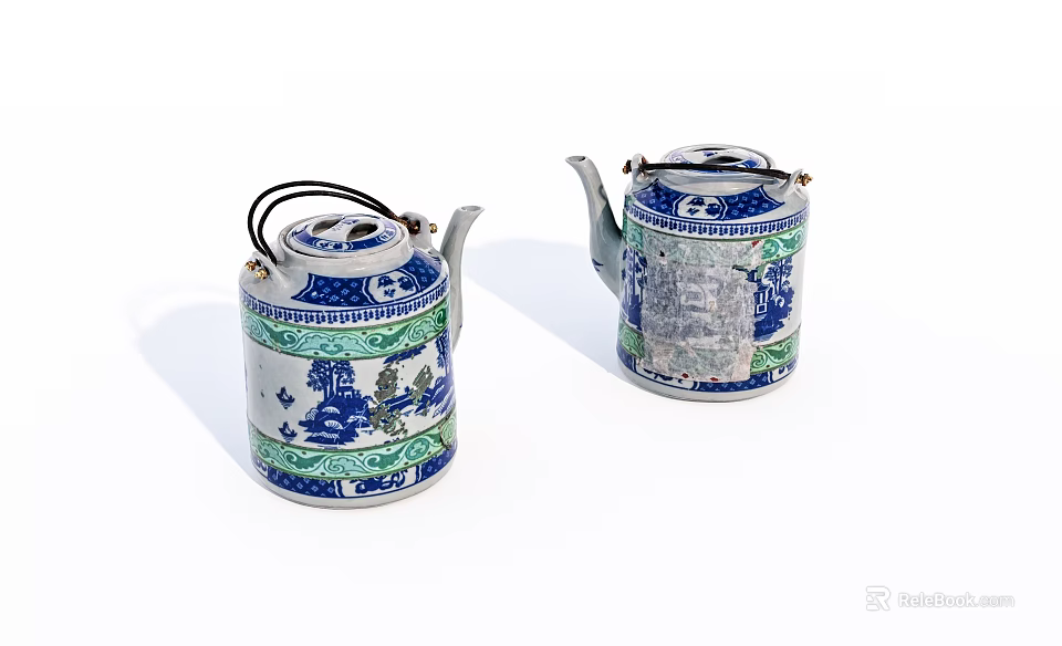 Classic Chinese Blue and White Porcelain Tea Sets with Green Accents and Landscape Designs 3d model 