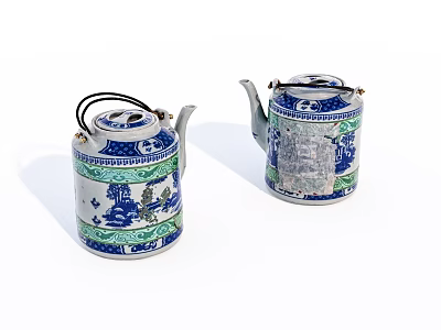 Classic Chinese Blue and White Porcelain Tea Sets with Green Accents and Landscape Designs 3d model