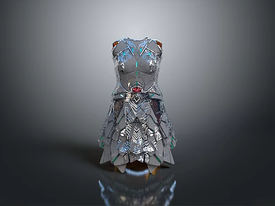 Silver Metallic Dress with Geometric Scale Design and Red Gemstone Accent 3d model