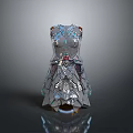 Silver Metallic Dress with Geometric Scale Design and Red Gemstone Accent