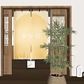 Yellow Curtains With White Flower Patterns Japanese Style Surrounded By Green Plants And Wooden Elements