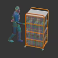 Blue Human Figure Pushing Orange Multi Layer Grid Cart With Wheels 3d model