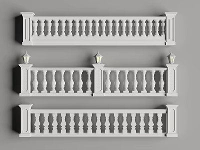 White Baluster Railings with Square Posts Decorative Lanterns and Architectural Design 3d model