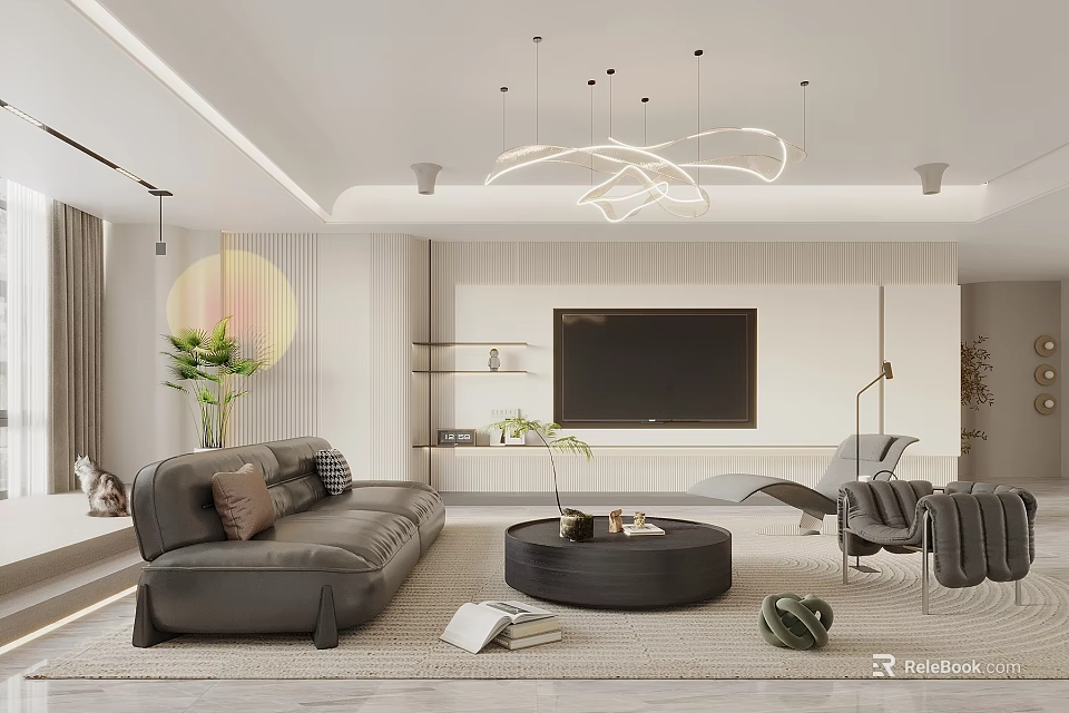 Modern Living Room Interior With Grey Sofa Round Coffee Table And Chandelier 3d model 