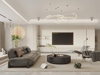 Modern Living Room Interior With Grey Sofa Round Coffee Table And Chandelier 3d model