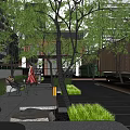 Modern Landscape Design with Tall Columns Lush Trees Pathway and Lighting Under Modern Buildings