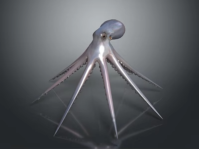 Silver Octopus Model With Long Tentacles And Gray Background Reflection 3d model