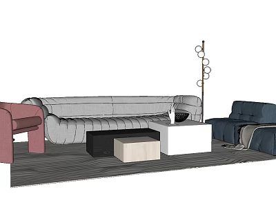 Modern Gray Sofa and Coffee Table Set with Colorful Chairs and Floor Lamp 3d model