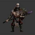 Muscular Tattooed Warrior With Mythical Beast Holding Purple Crystal Spear