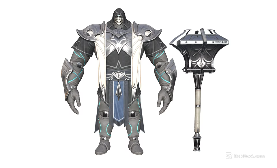 Detailed Armored Fantasy Warrior Character With Intricate Armor And Large Hammer Weapon Design 3d model 