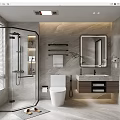 Modern Bathroom Interior With Glass Shower Enclosure Marble Wall White Toilet And Vanity Mirror