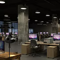 Modern Public Office Space With Open Layout Multiple Workstations Computers And Hanging Lights 3d model