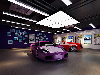 Car Showroom Interior With Purple And Red Sports Cars And Photo Frames 3d model