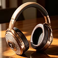 Premium Over Ear Headphones With Copper Finish And Glossy Design On Wooden Table