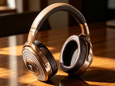 Premium Over Ear Headphones With Copper Finish And Glossy Design On Wooden Table 3d model