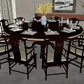 Chinese Style Wooden Round Dining Table And Chair Set With Upholstered Seats And Decorative Vase