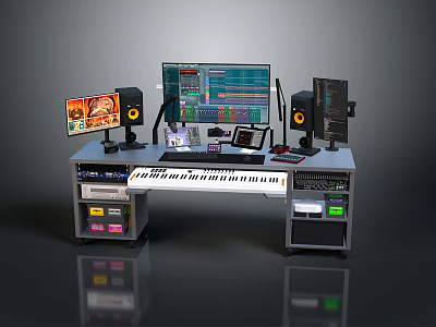 Modern Electronic Appliance Workstation With Multiple Monitors Speakers And Desktop Accessories 3d model