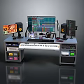 Modern Electronic Appliance Workstation With Multiple Monitors Speakers And Desktop Accessories