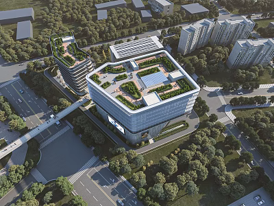 Aerial Planning of Urban Development With Green Rooftops High Rise Buildings and Surrounding Trees 3d model