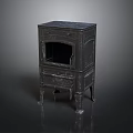 Vintage Black Cast Iron Stove with Cabinet Style Structure Open Firebox and Sturdy Legs