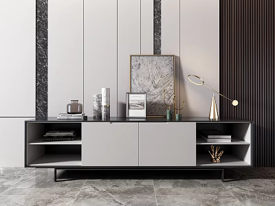 Modern TV Stand With Storage Shelves Decorative Lamp And Artwork 3d model