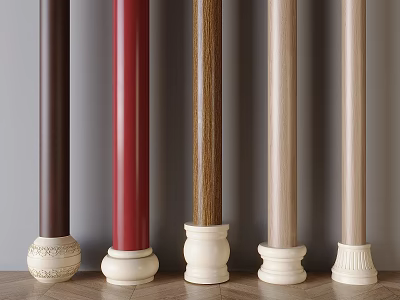Various Colored Decorative Columns With Ornate White Bases On Wooden Floor 3d model
