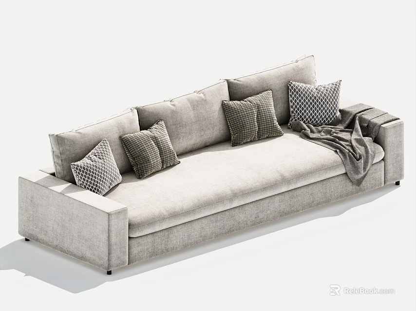 Cozy Gray Double Sofa With Patterned Pillows And Warm Throw Blanket For Living Room 3d model