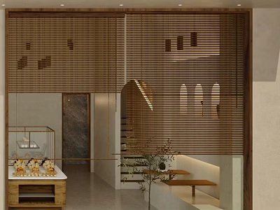 Cozy Dessert Shop Interior With Bamboo Blinds Dessert Display And Seating Bench 3d model