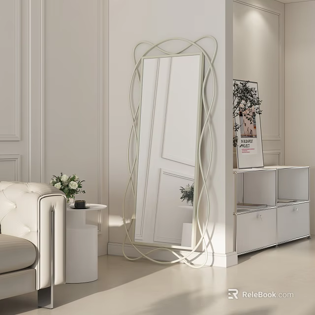 Stylish Mirror In Minimalist Living Room With Sofa And Cabinet 3d model 
