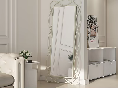 Stylish Mirror In Minimalist Living Room With Sofa And Cabinet 3d model