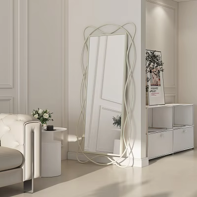 Stylish Mirror In Minimalist Living Room With Sofa And Cabinet 3d model