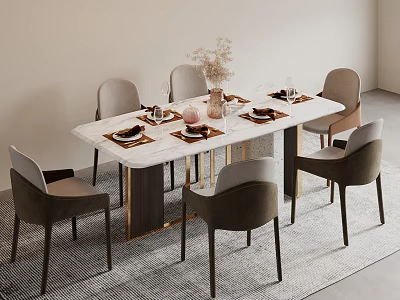 Modern Elegant Dining Table Set With Six Chairs Decorative Vase And Placemats On Rug 3d model