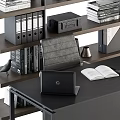 Modern Black Office Desk With Laptop Open Book Desk Lamp And Bookshelf With Books Folders