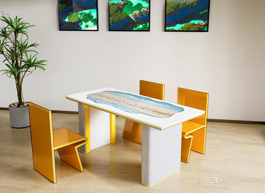 Modern Dining Table Set with Yellow Chairs Marble Tabletop Wall Art and Potted Plant 3d model 