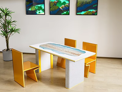 Modern Dining Table Set with Yellow Chairs Marble Tabletop Wall Art and Potted Plant 3d model