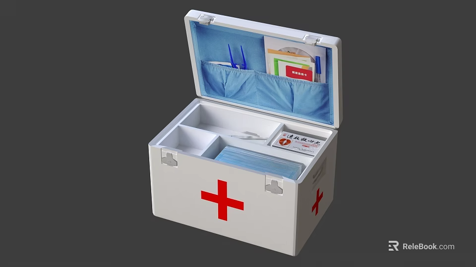 Open White Medical First Aid Box With Red Cross And Internal Medical Supplies 3d model 