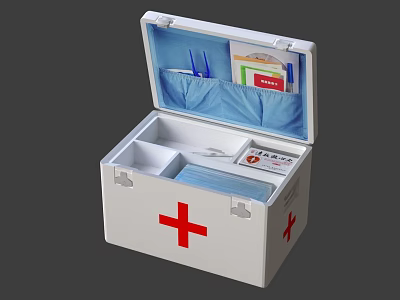 Open White Medical First Aid Box With Red Cross And Internal Medical Supplies 3d model