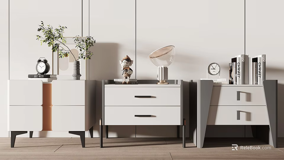 Modern Bedside Tables With Table Lamp Decorative Items Plant Clock And Books 3d model